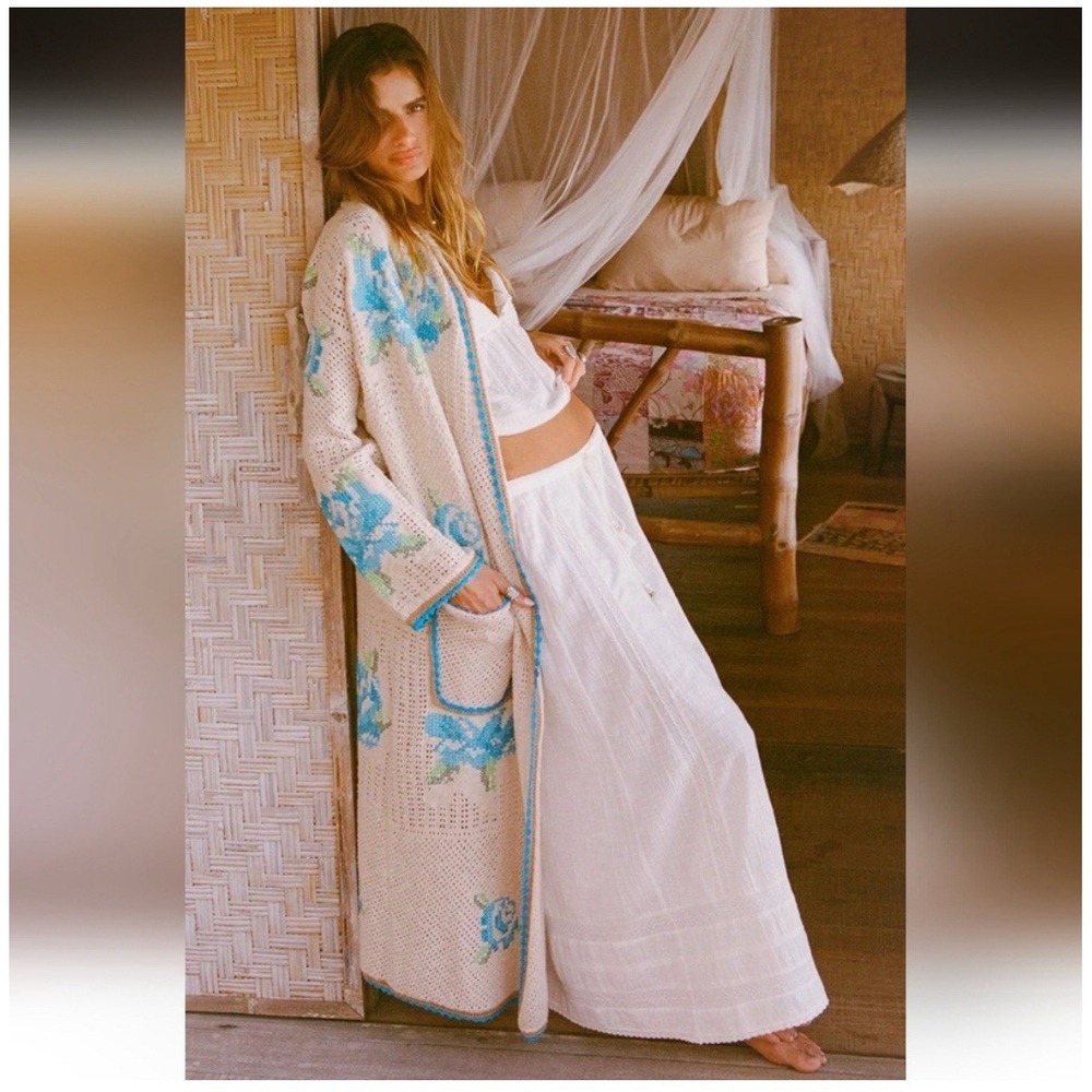 Cream Long Crochet Cardigan with Blue Floral Embroidery